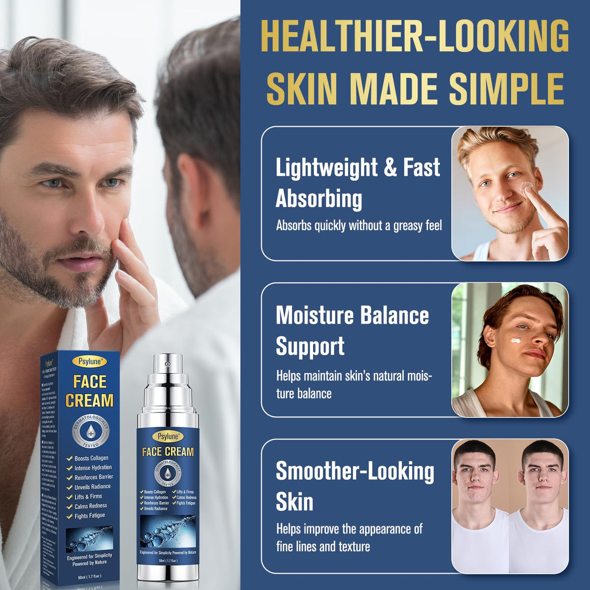 Psylune Men's Face Moisturizer displays a non-greasy finish after day use.