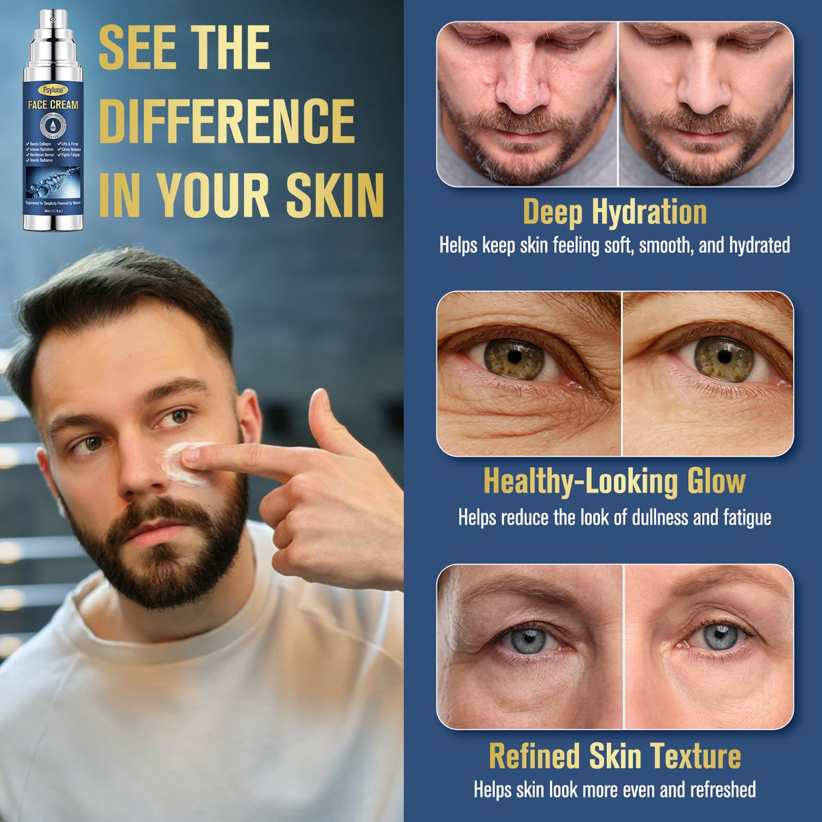 Psylune Men's moisturizer with squalane, jojoba oil, shea butter supports skin barrier.