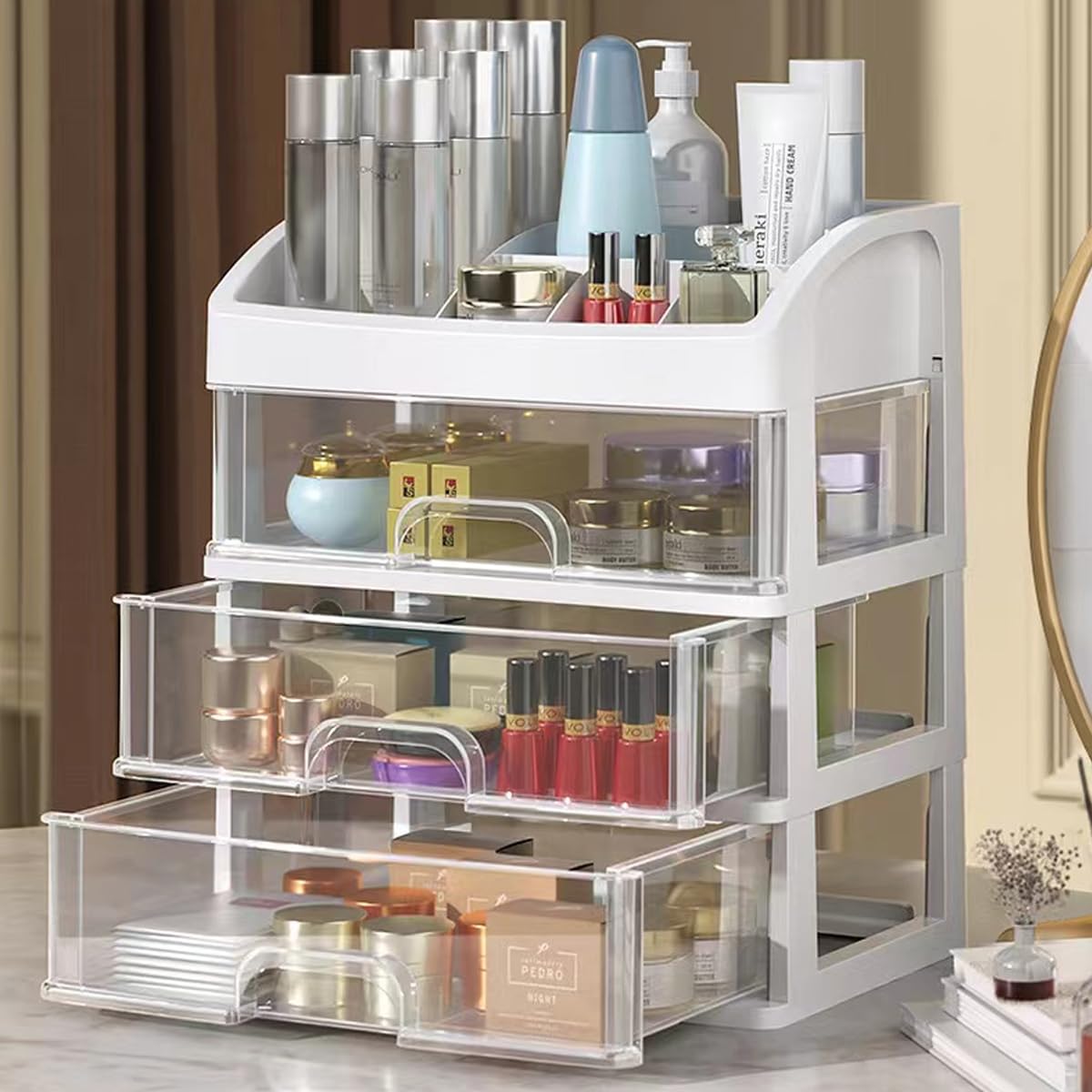 PTBSZCWY makeup organizer with three drawers and top partition on a vanity for easy access.