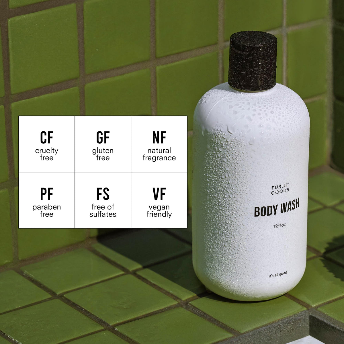 Public Goods Body Wash pours into a rich lather for a gentle shower experience.