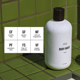 Public Goods Body Wash pours into a rich lather for a gentle shower experience.