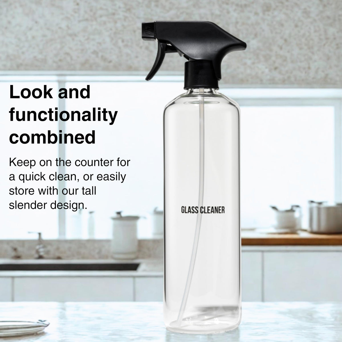 Public Goods borosilicate glass bottle with refillable cap supports durable cleaning.