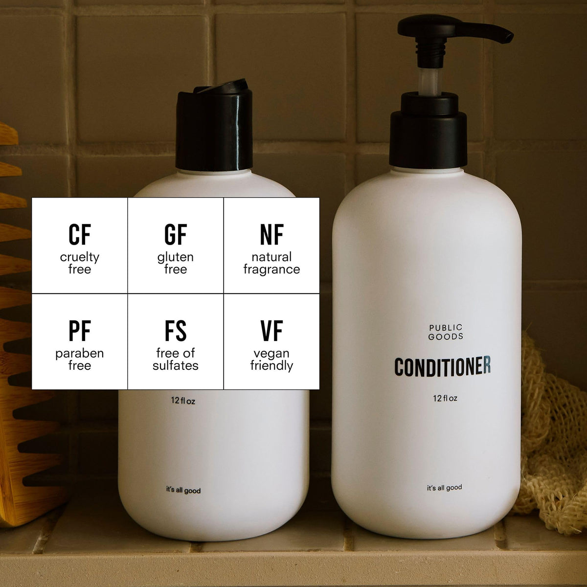 Public Goods Conditioner label closeup highlighting organic essential oils and sulfate-free claim
