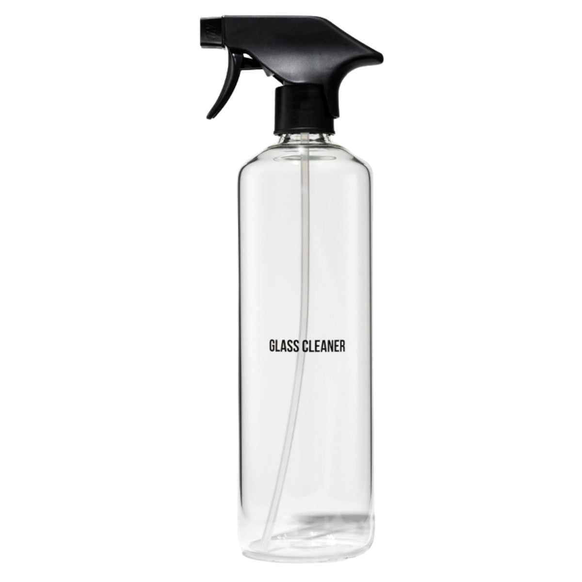Public Goods empty glass spray bottle top view, minimalist design for quick cleaning tasks.