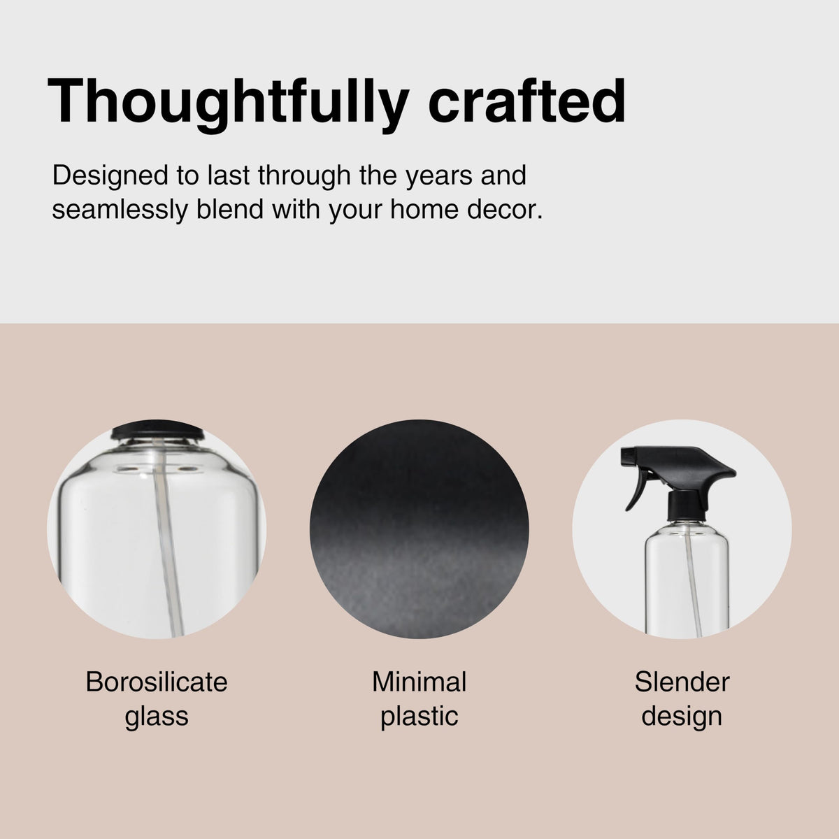 Public Goods glass spray bottle slim design sits on counter for easy reach.
