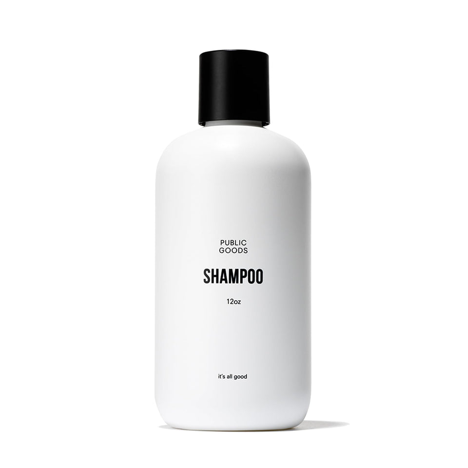 Public Goods Shampoo bottle top view emphasizes clean, sustainable packaging for daily use.