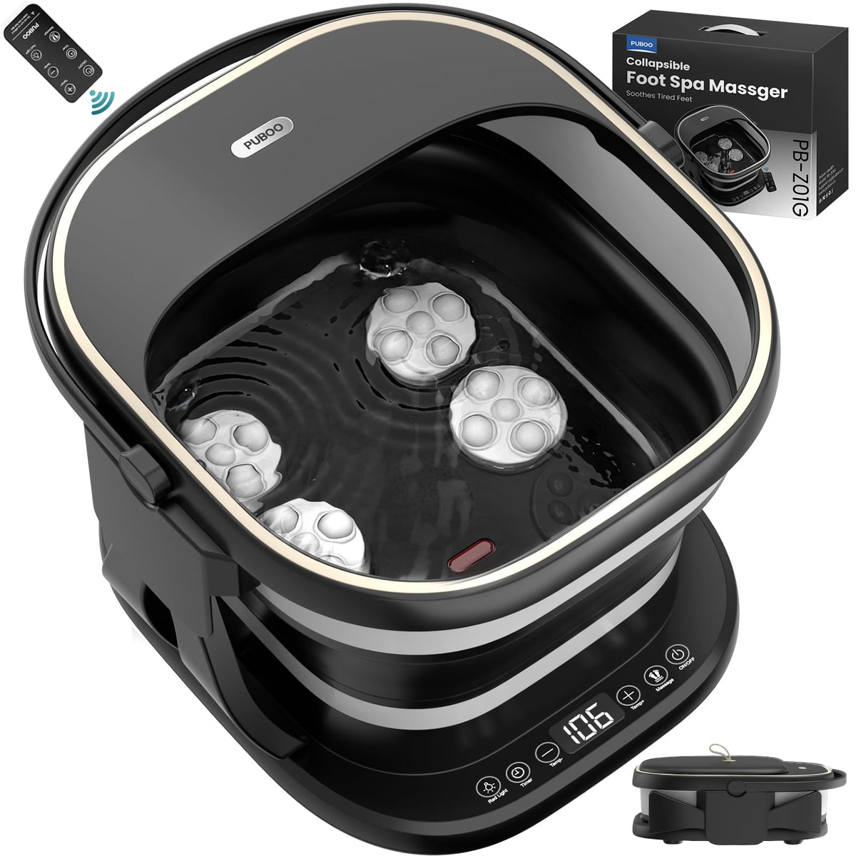 Puboo Collapsible Foot Spa with remote control for easy at-home relaxation.