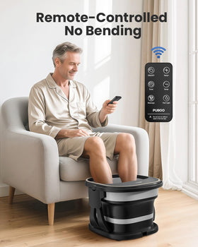 Puboo foot spa collapsed side profile highlighting portability and storage.