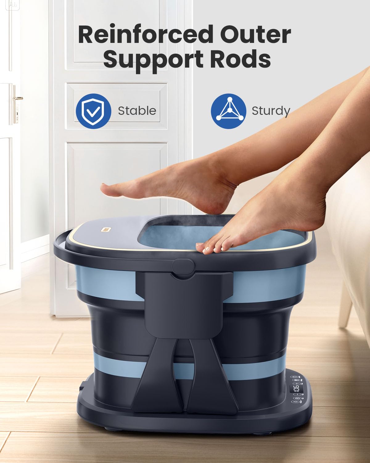 Puboo Foot Spa remote control in use for temperature and massage adjustments