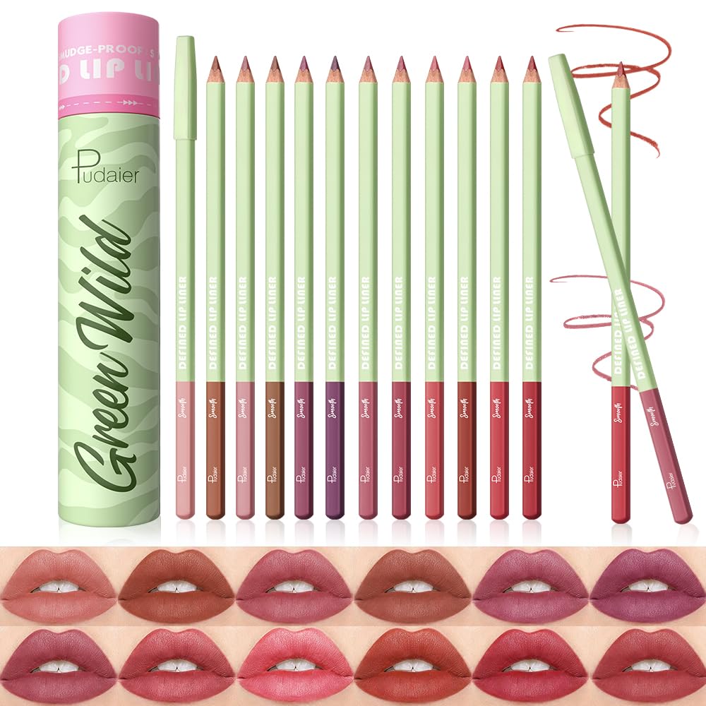 Pudaier 12-color lip liner set with storage bucket for organized routine