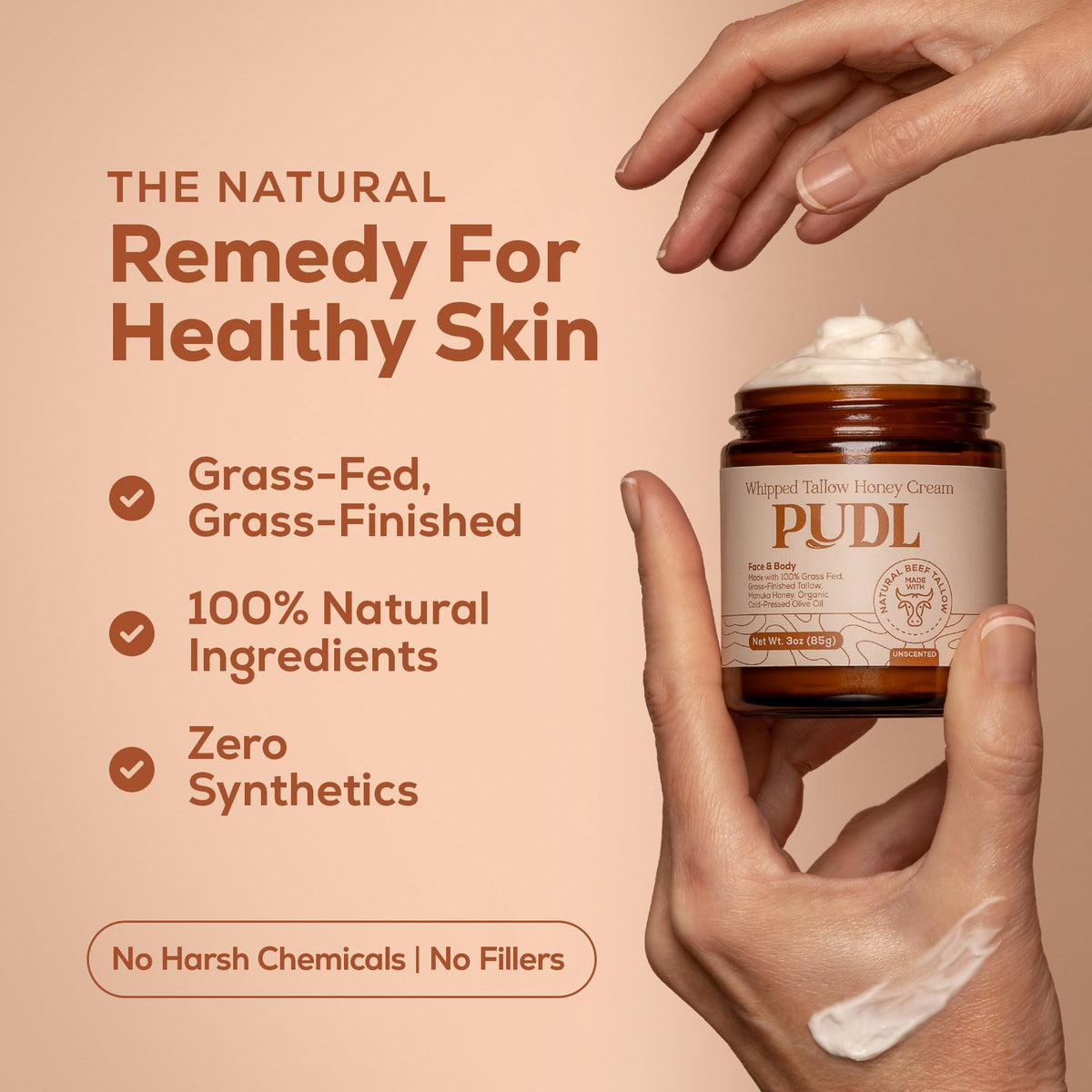 PUDL whipped balm on hands demonstrates versatile, all-over hydration