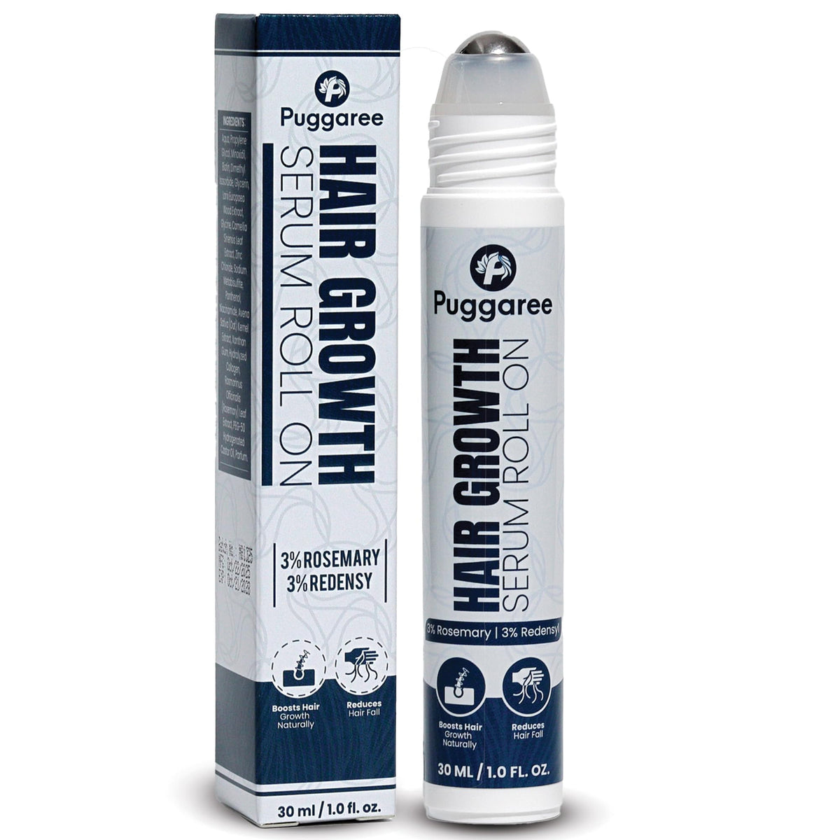 Puggaree Redensyl roll-on bottle for precise scalp treatment in thinning areas.