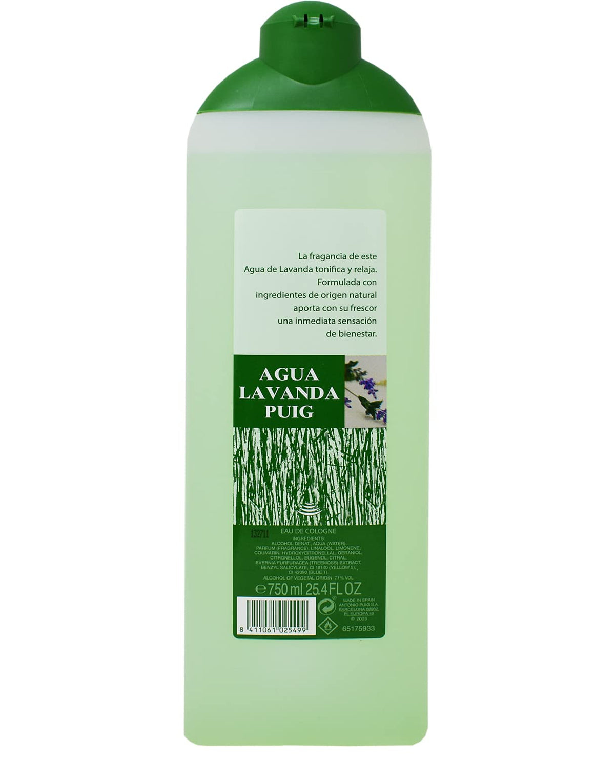Close-up view of Puig Agua Lavanda cap and label finish.