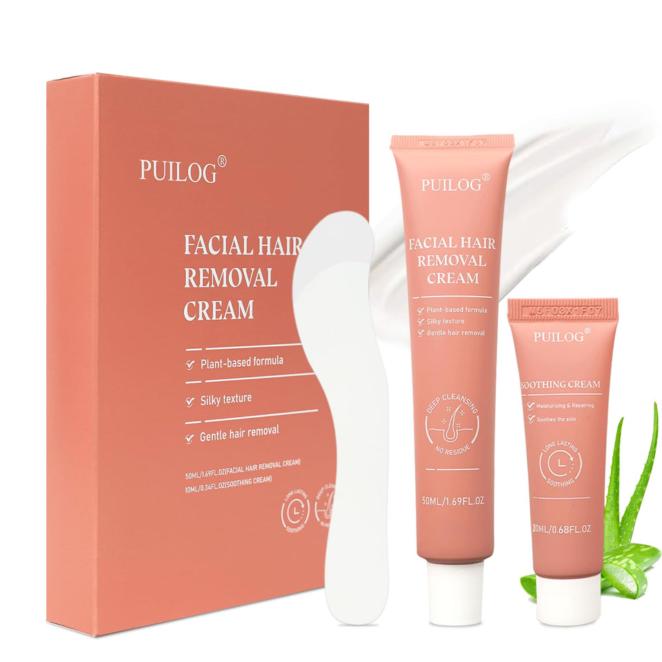 PUILOG facial hair removal cream application for smooth skin ready for makeup