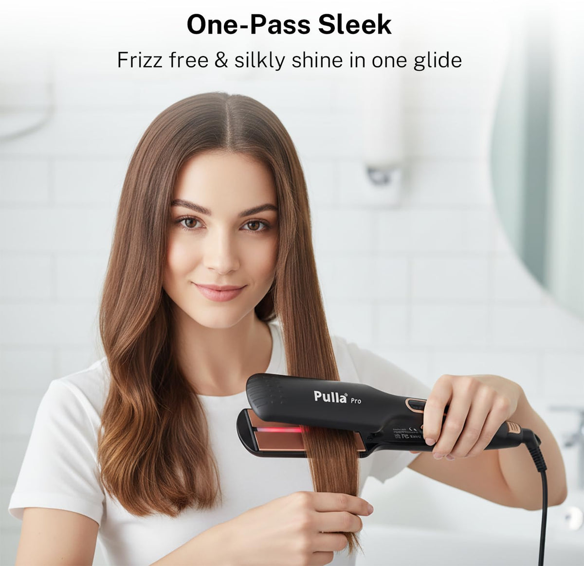 Pulla straightener showcasing infrared technology for moisture retention and shine.