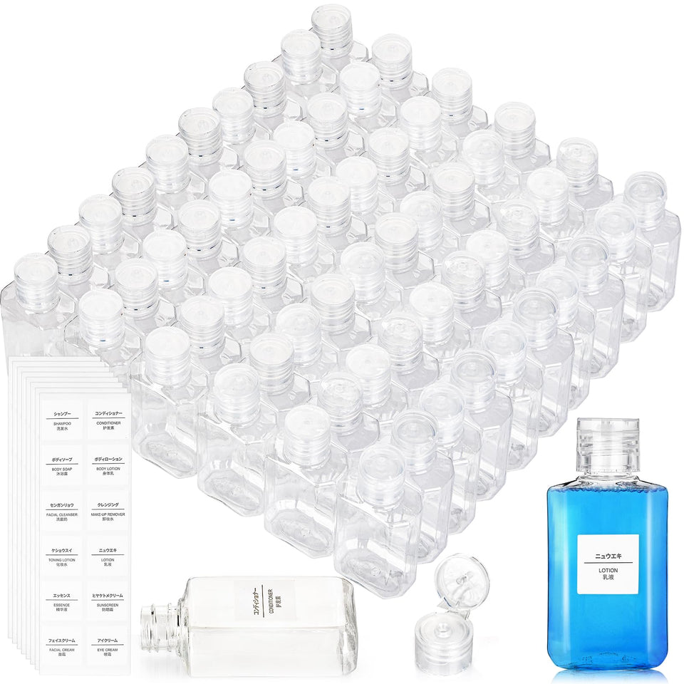 Pumtus 60-pack refillable flip-top bottles ready for family use and organization.