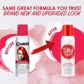 Punky Cougar Red application on hair, instant vivid color with easy spray-on styling.