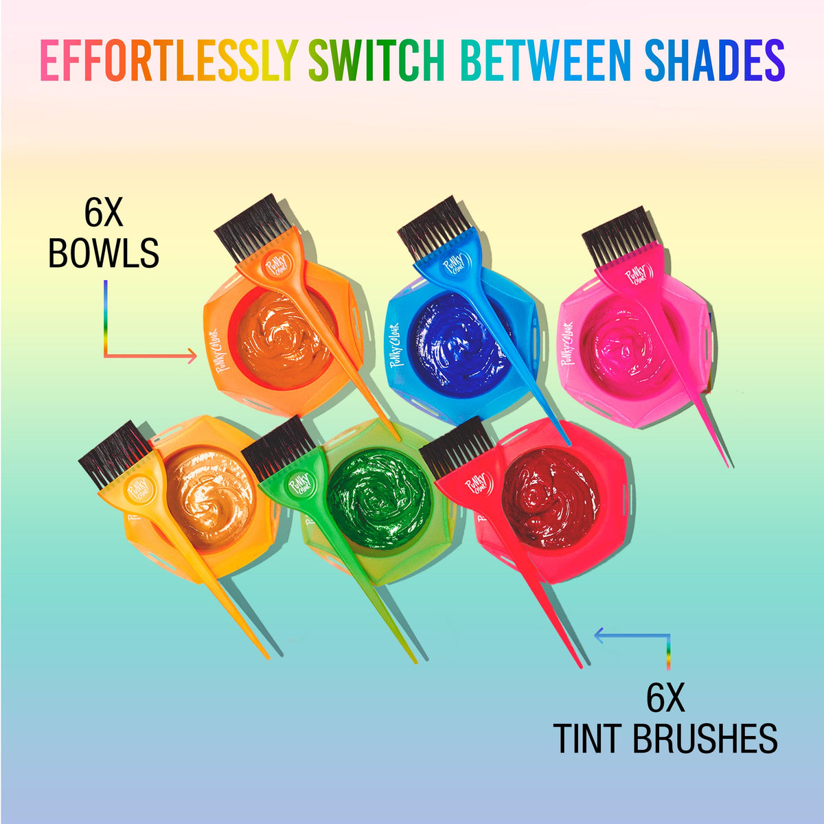 Close-up of color-matched Punky bowls and brushes for precise shade control.