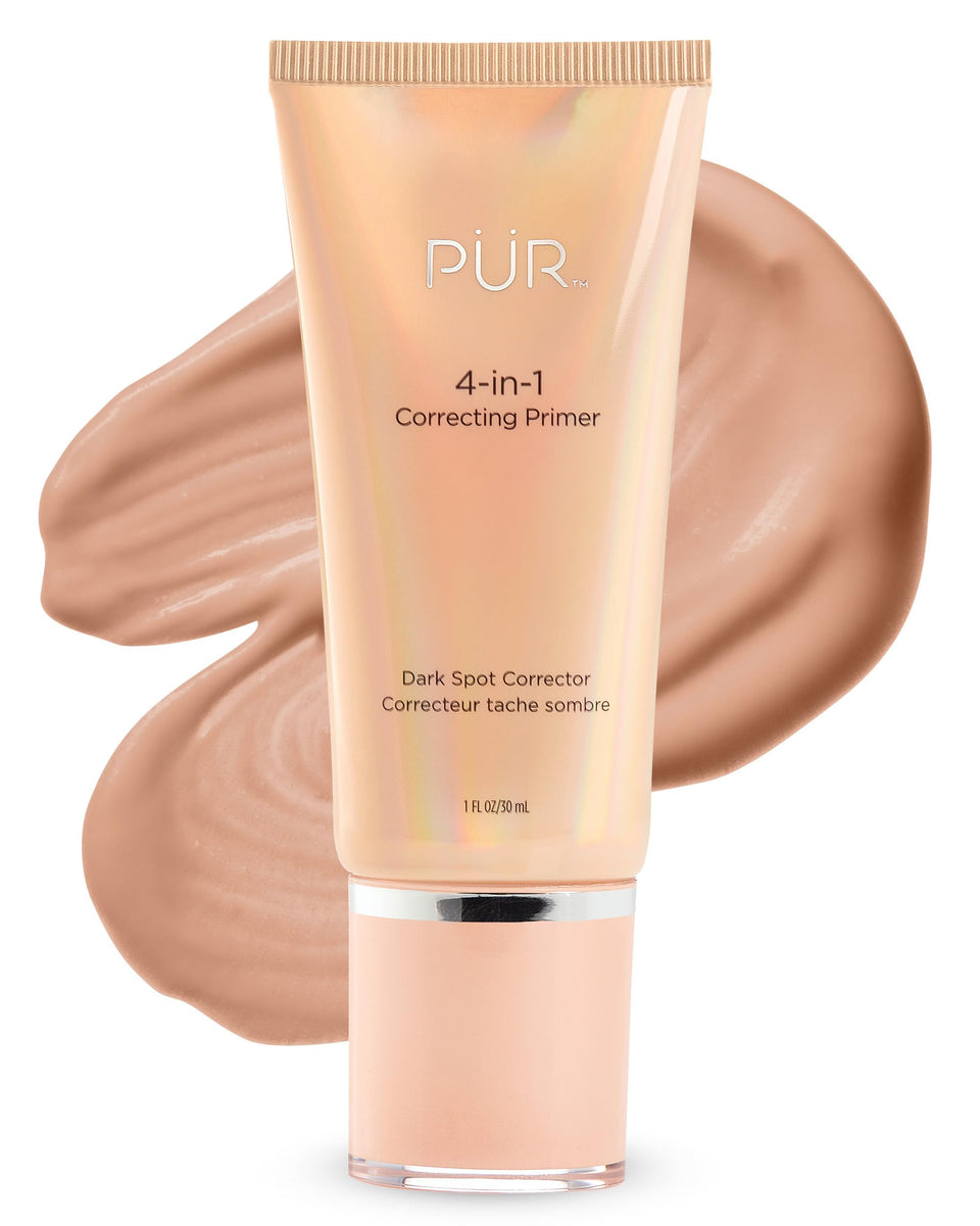 PÜR MINERALS 4-in-1 Correcting Primer bottle showing peach-toned correction for even skin tone