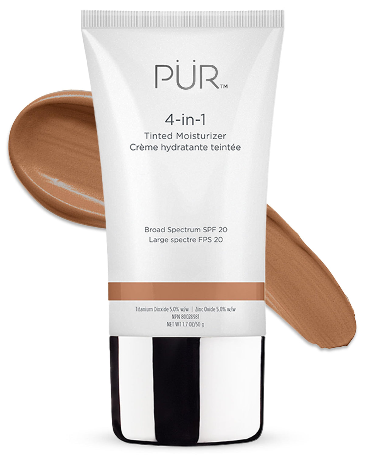 PÜR MINERALS 4-in-1 tinted moisturizer tan bottle delivers hydrating, natural coverage with SPF 20.