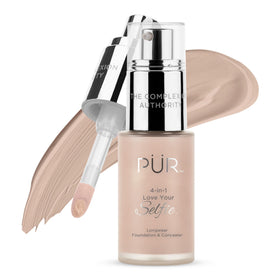 PÜR MINERALS 4-in-1 bottle showing longwear coverage for blemishes