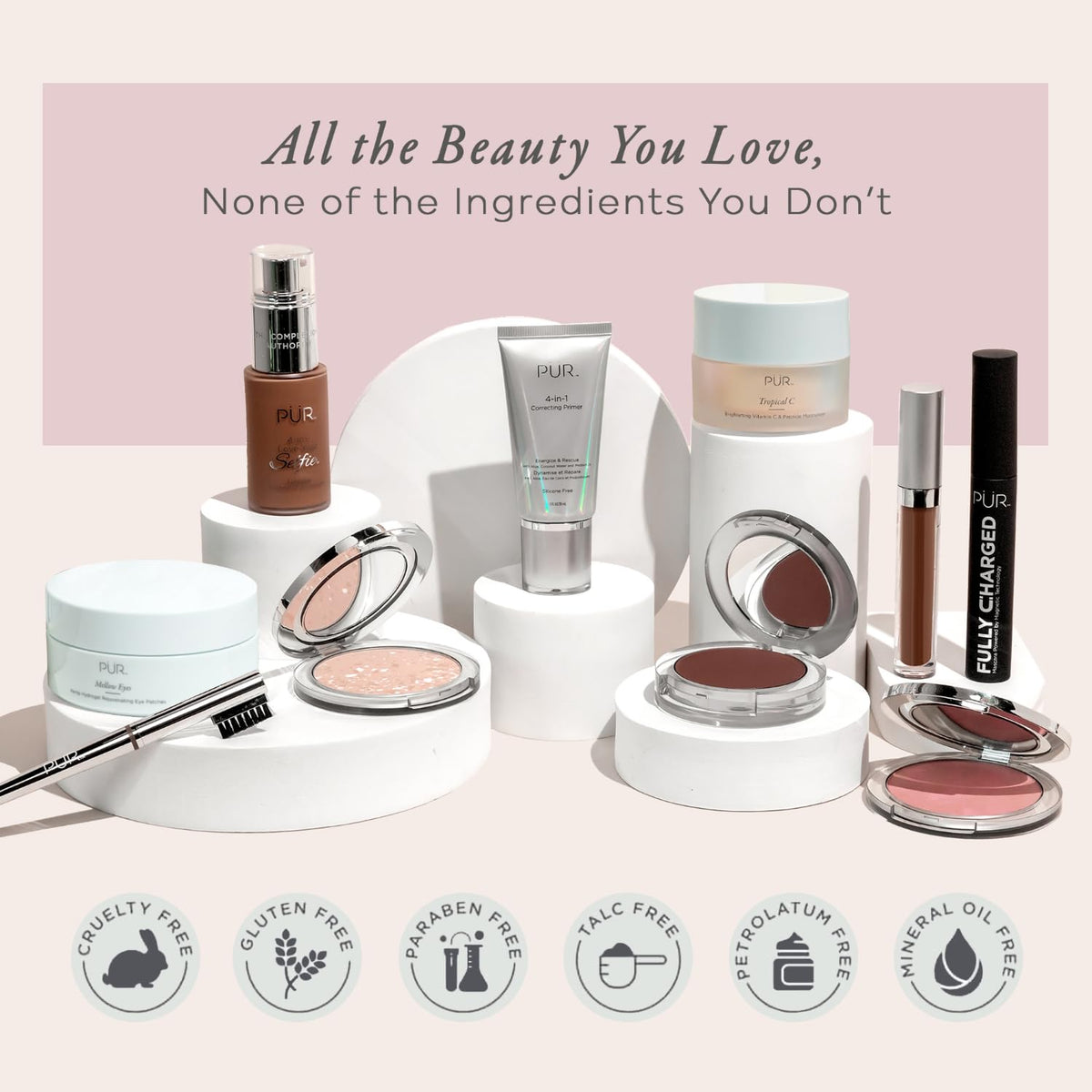 PÜR MINERALS cruelty-free vegan powder swatch emphasizes ethical beauty.