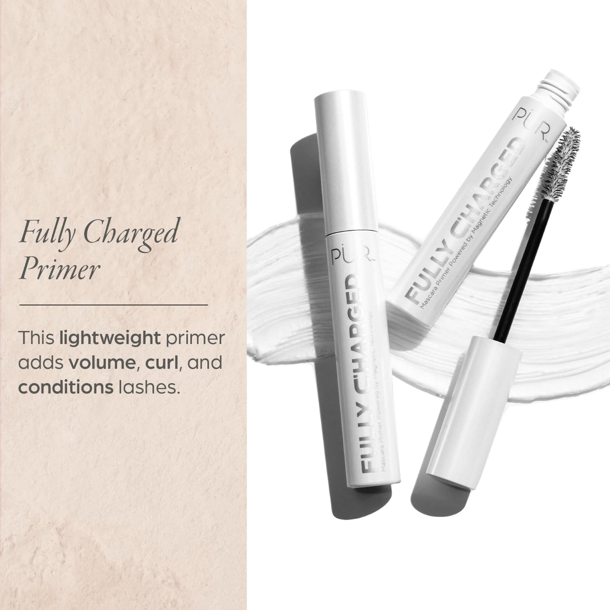 PÜR MINERALS Fully Charged Primer on lashes for enhanced prep and volume before mascara.