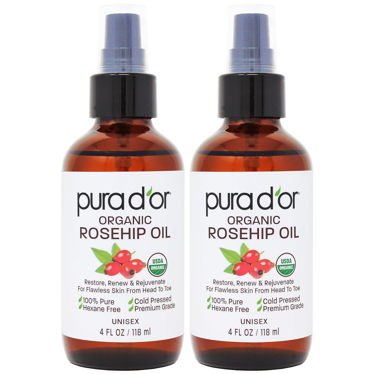 PURA D'OR Organic Rosehip Seed Oil bottle pour for easy, mess-free application