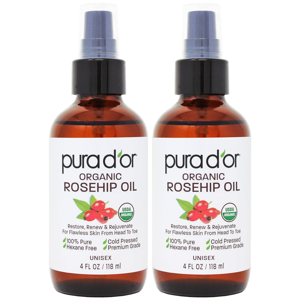 PURA D'OR Organic Rosehip Seed Oil bottle pour for easy, mess-free application