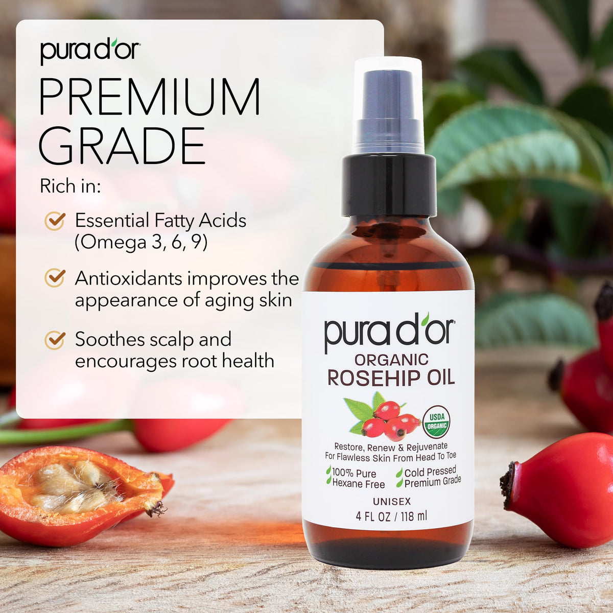 PURA D'OR Rosehip Seed Oil pump dispenser for precise use