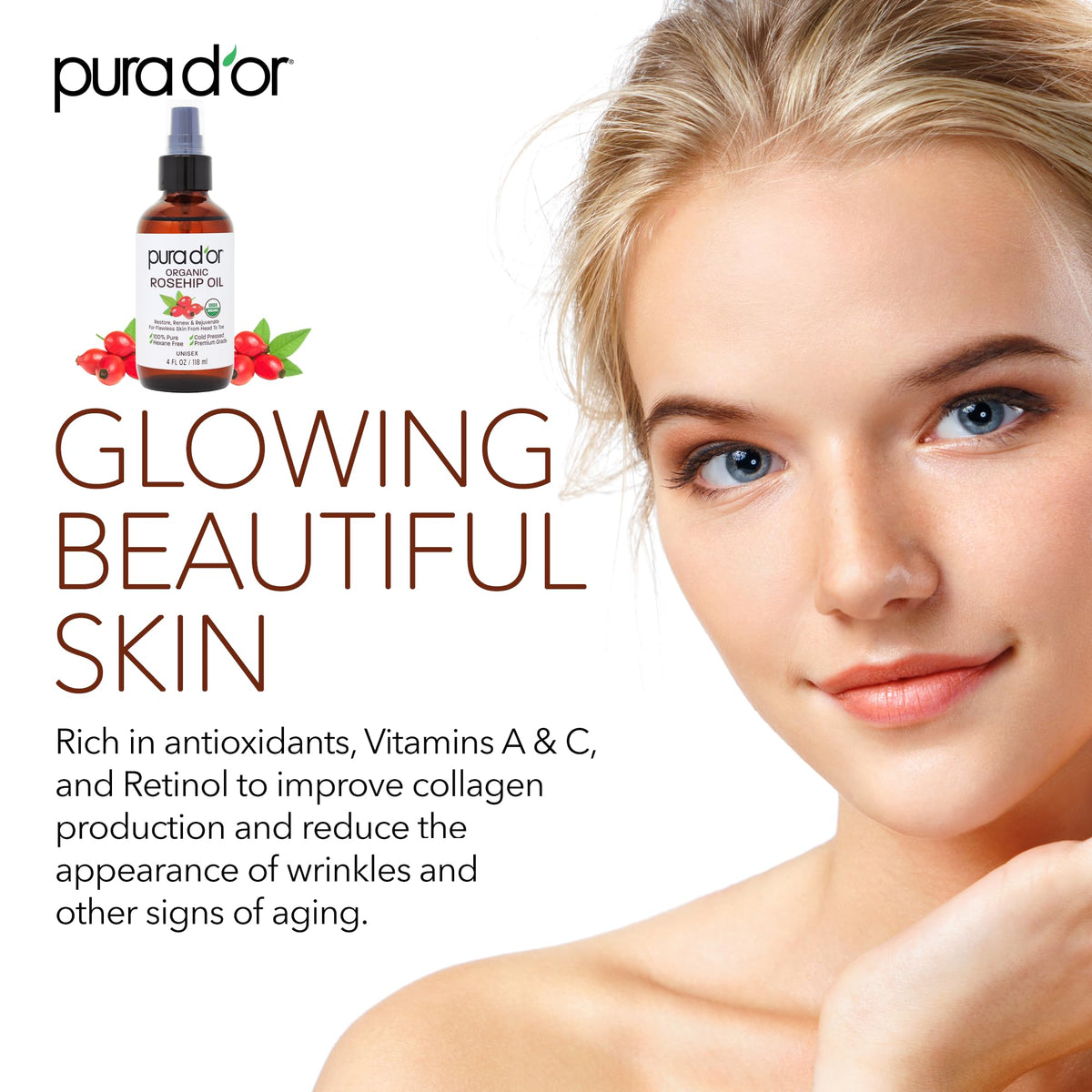 PURA D'OR Rosehip Seed Oil on skin demonstrating lightweight moisture