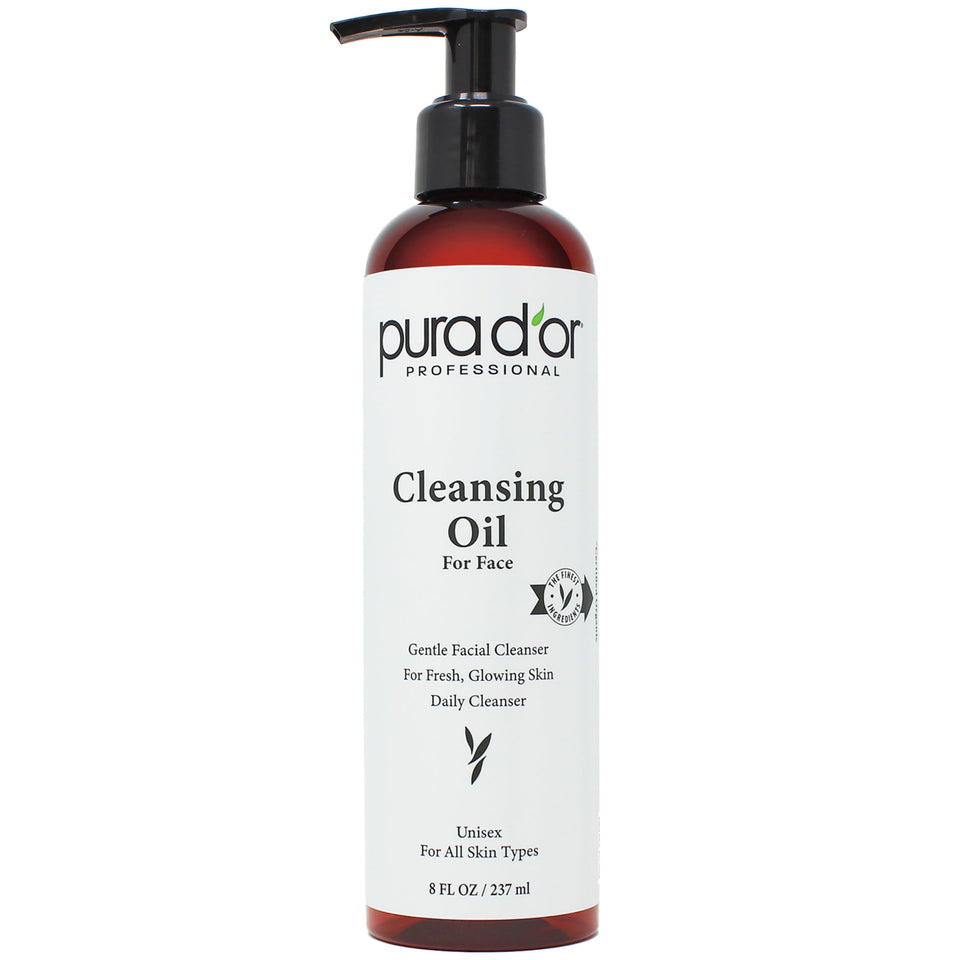 PURA D'OR 8oz face cleansing oil bottle illustrating packaging for gentle makeup removal