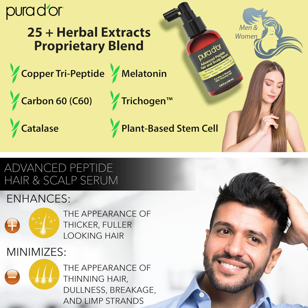 PURA D'OR Advanced Hair Serum label detail highlighting vegan, cruelty-free formula