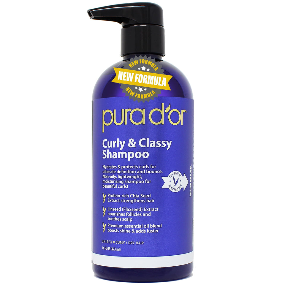 PURA D'OR Curly & Classy Shampoo bottle demonstrates hydrating formula for defined curls