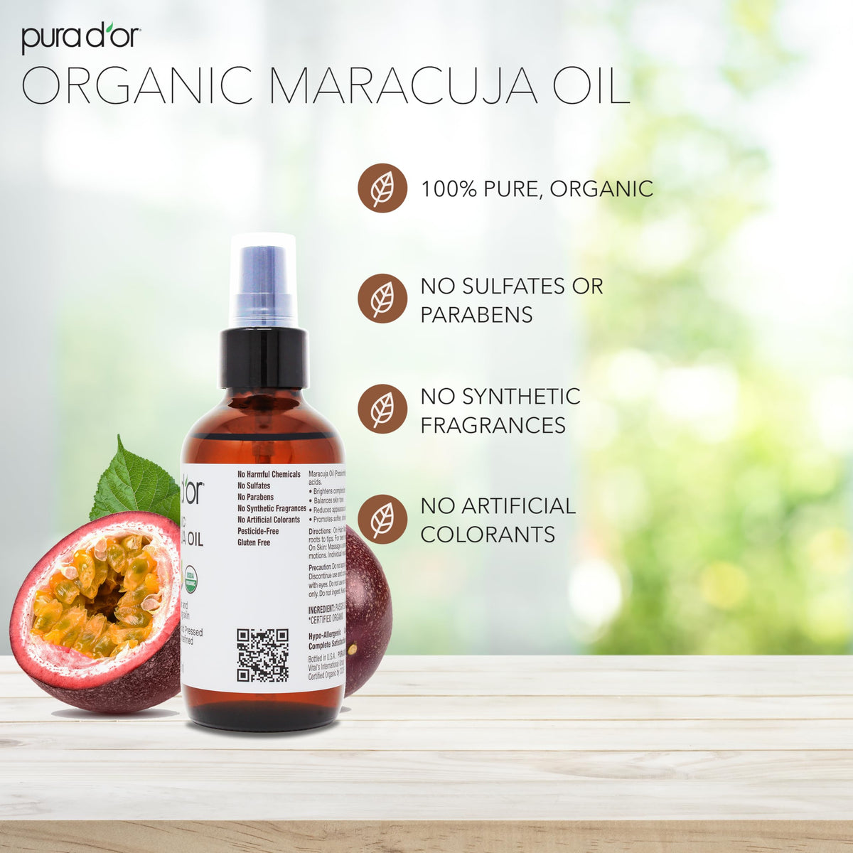 PURA D'OR Maracuja Oil application—soothing skin and glossy hair texture.