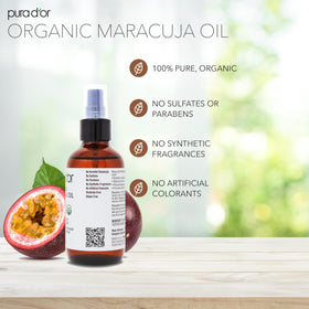 PURA D'OR Maracuja Oil application—soothing skin and glossy hair texture.