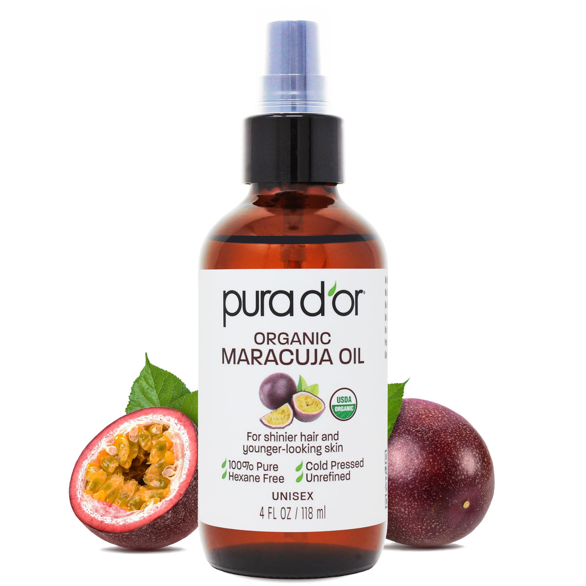PURA D'OR Maracuja Oil bottle—lightweight hydration for face and hair.