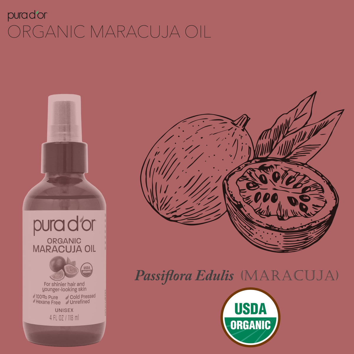PURA D'OR Maracuja Oil for skin and hair—multi-use body care.