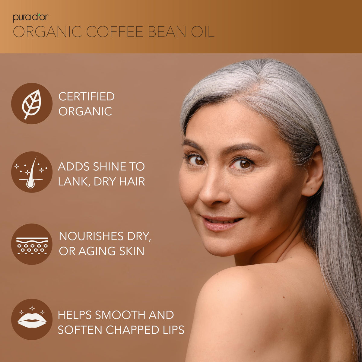 PURA D'OR Organic Coffee Bean Oil ingredient list highlights antioxidants