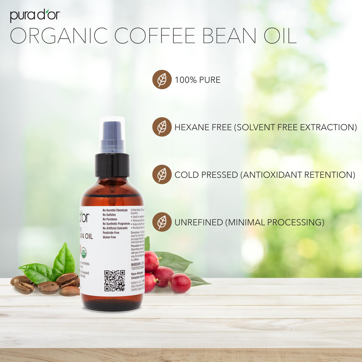 PURA D'OR Organic Coffee Bean Oil texture close-up shows light hydration