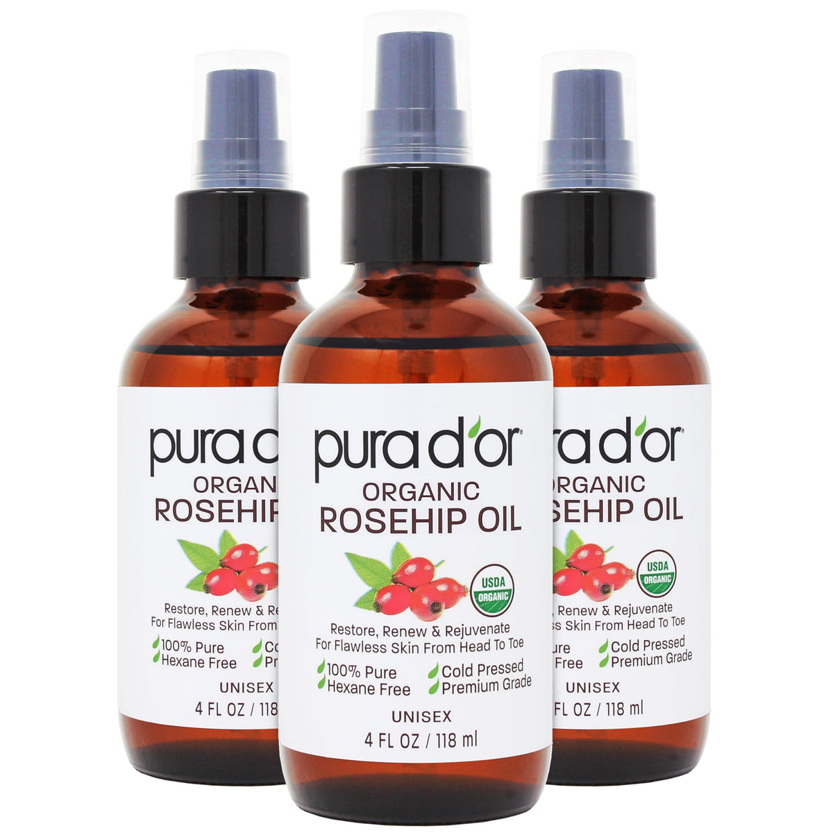 PURA D'OR Organic Rosehip Seed Oil pump bottle for easy daily use and hydration.