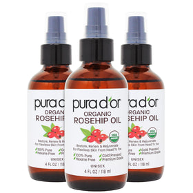 PURA D'OR Organic Rosehip Seed Oil pump bottle for easy daily use and hydration.