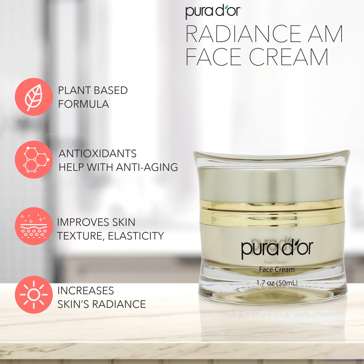 PURA D'OR Radiant Glow AM Face Cream featuring apple stem cells for renewal.