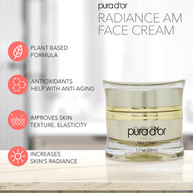 PURA D'OR Radiant Glow AM Face Cream featuring apple stem cells for renewal.