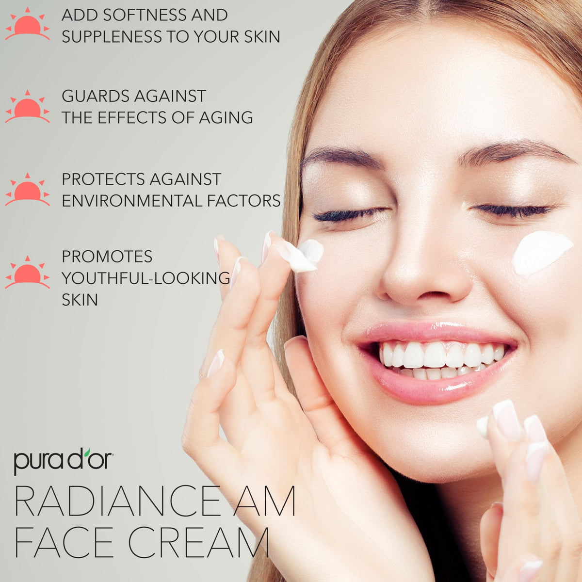 PURA D'OR Radiant Glow AM Face Cream with rosemary extract supports antioxidant defense.