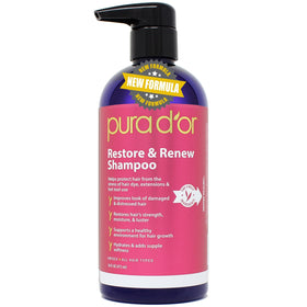 PURA D'OR Restore & Renew shampoo bottle closeup for hair protection