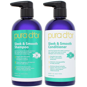 PURA D'OR Sleek & Smooth shampoo bottle with frizz control and shine