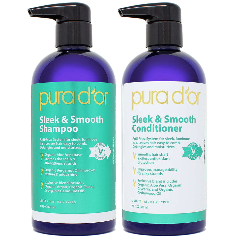 PURA D'OR Sleek & Smooth shampoo bottle with frizz control and shine