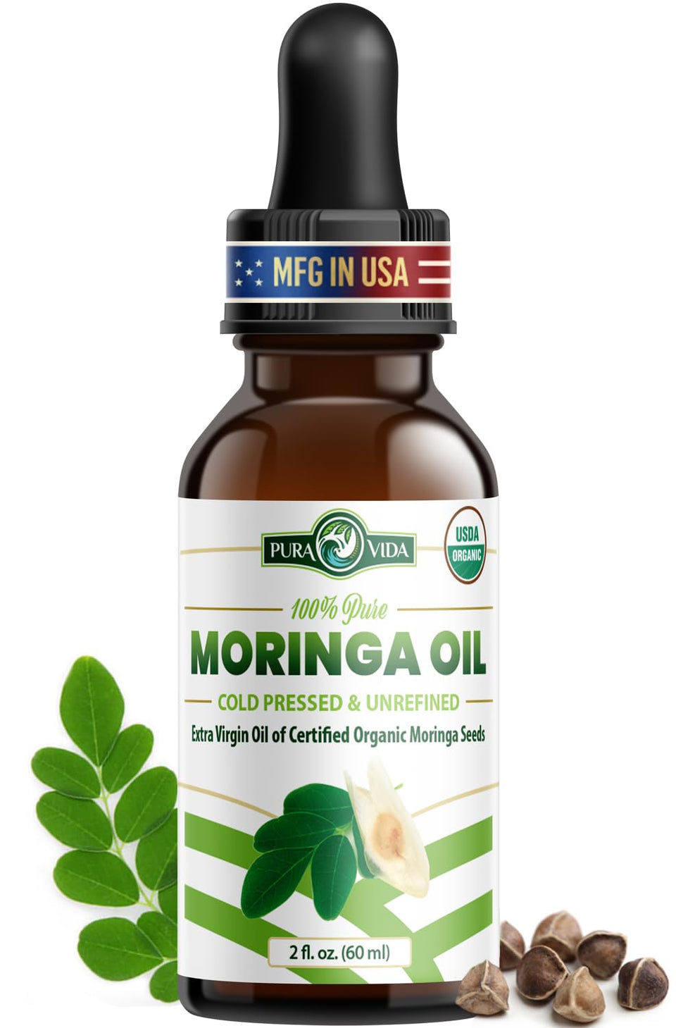 Pura Vida Moringa Seed Oil bottle pours, suggesting purity for skin care.