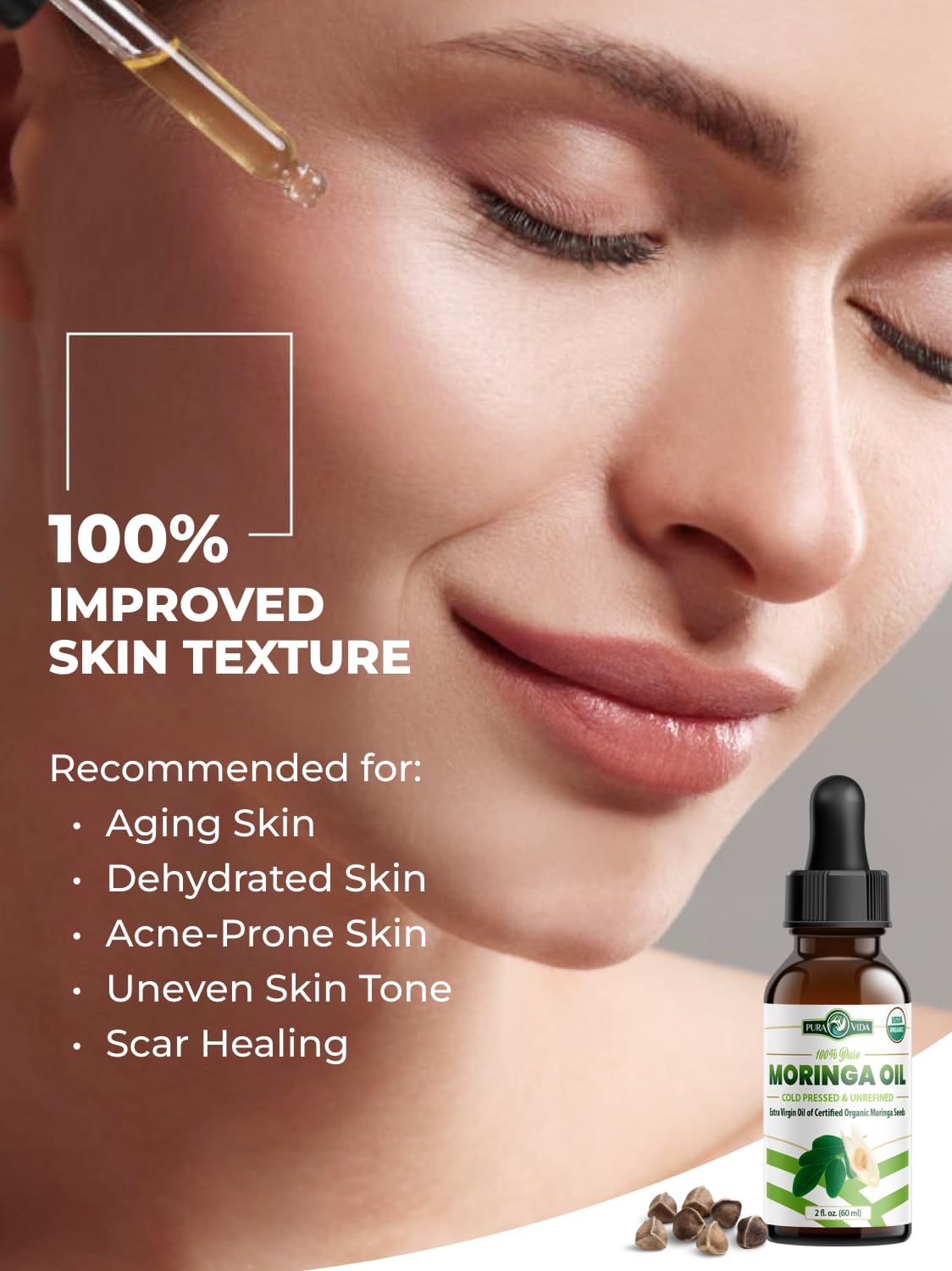 Pura Vida Moringa Seed Oil dropper enables precise, versatile application.